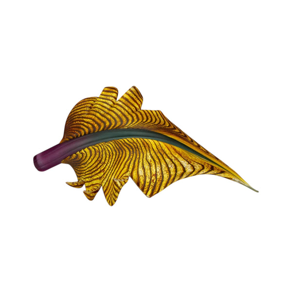 Arbor leaf glass sculpture in gold brown with amethyst stem