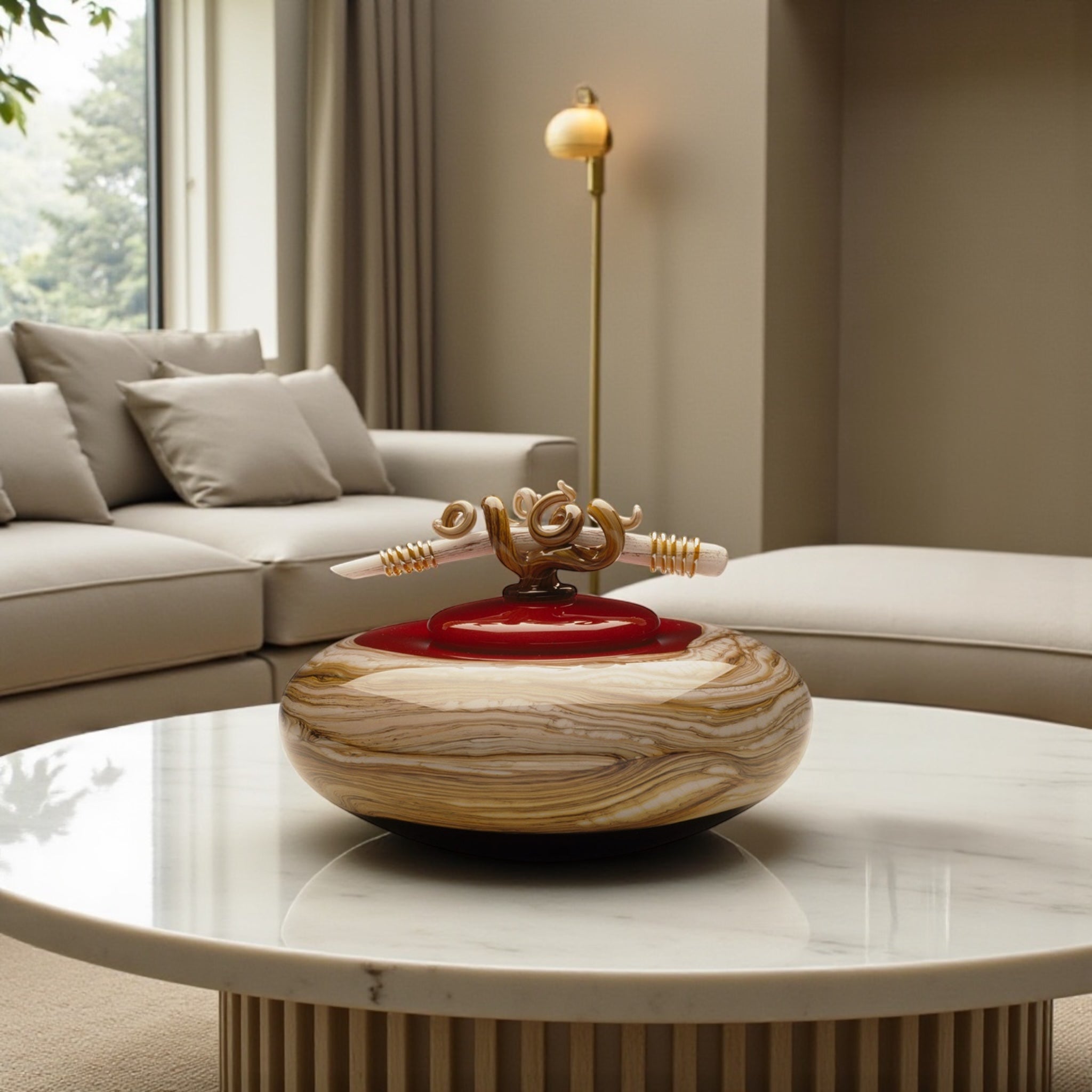 Ruby Strata covered bowl with bone finial