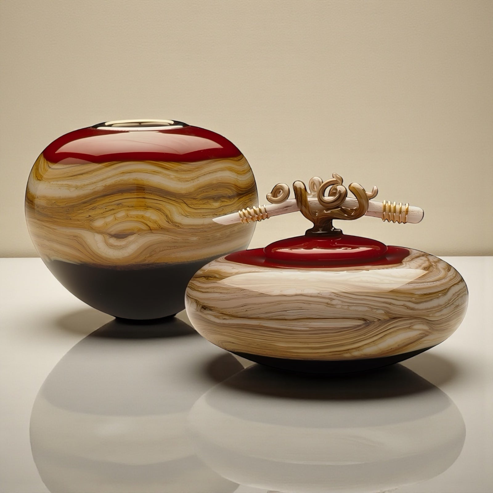 Two decorative urns with marbled design on a reflective surface