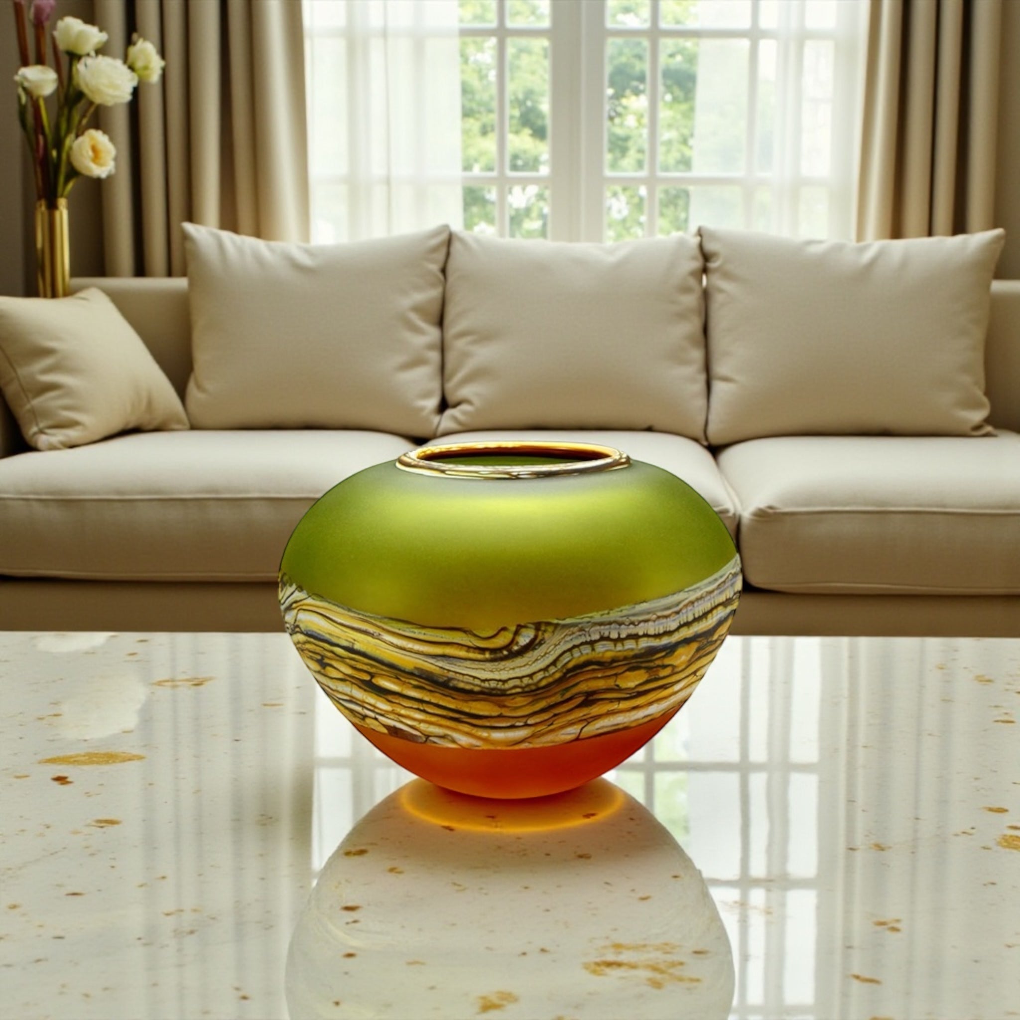 Translucent Strata Sphere in lime and tangerine