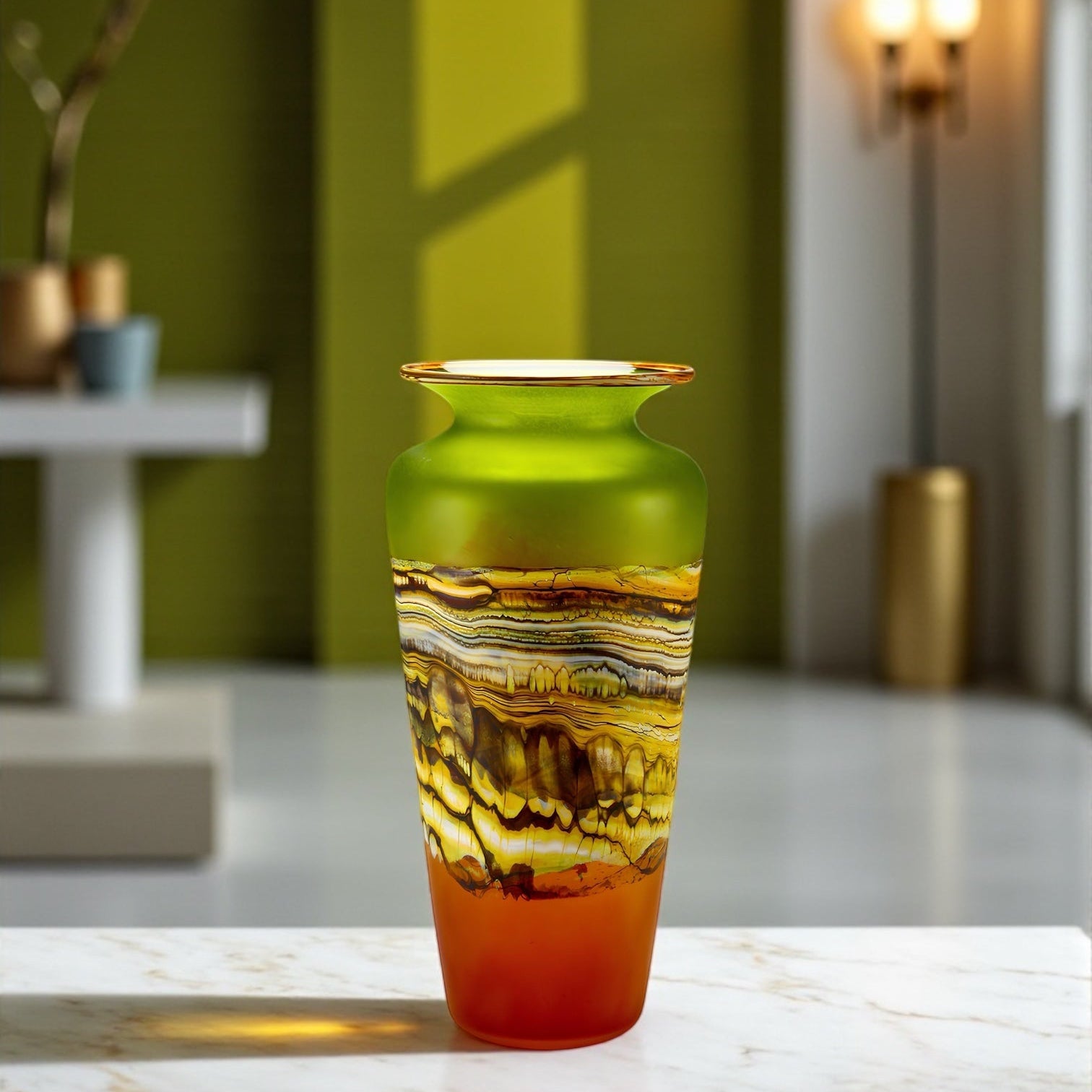 Translucent Strata Urn in lime and tangerine