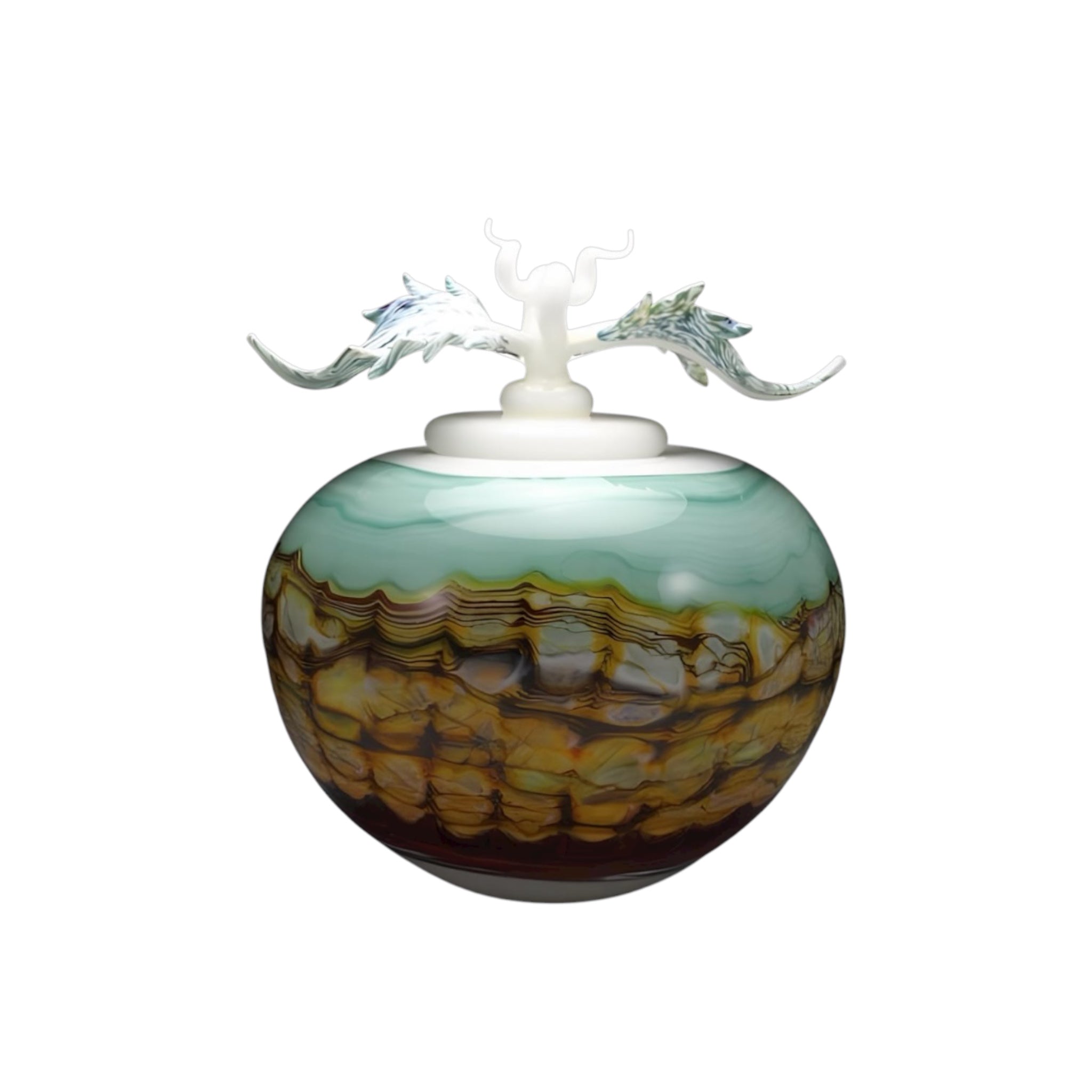 Turquoise & Crimson Opal Covered Bowl with Avian Finial