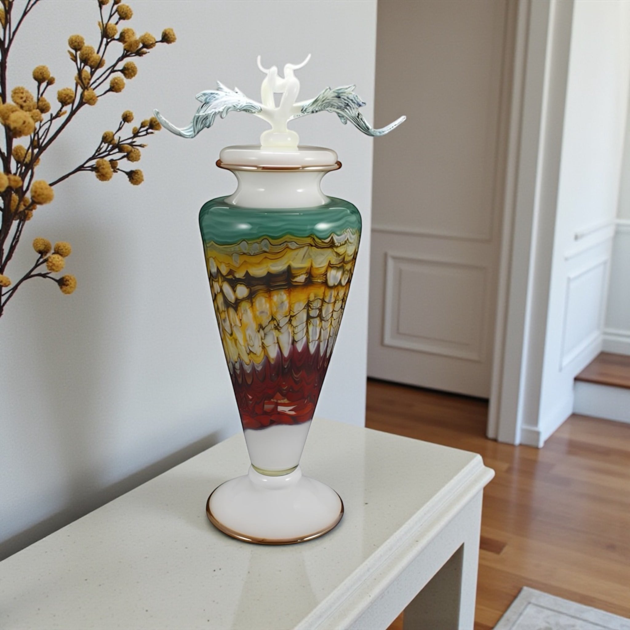 Turquoise & Crimson Opal Footed Vessel with Avian Finial