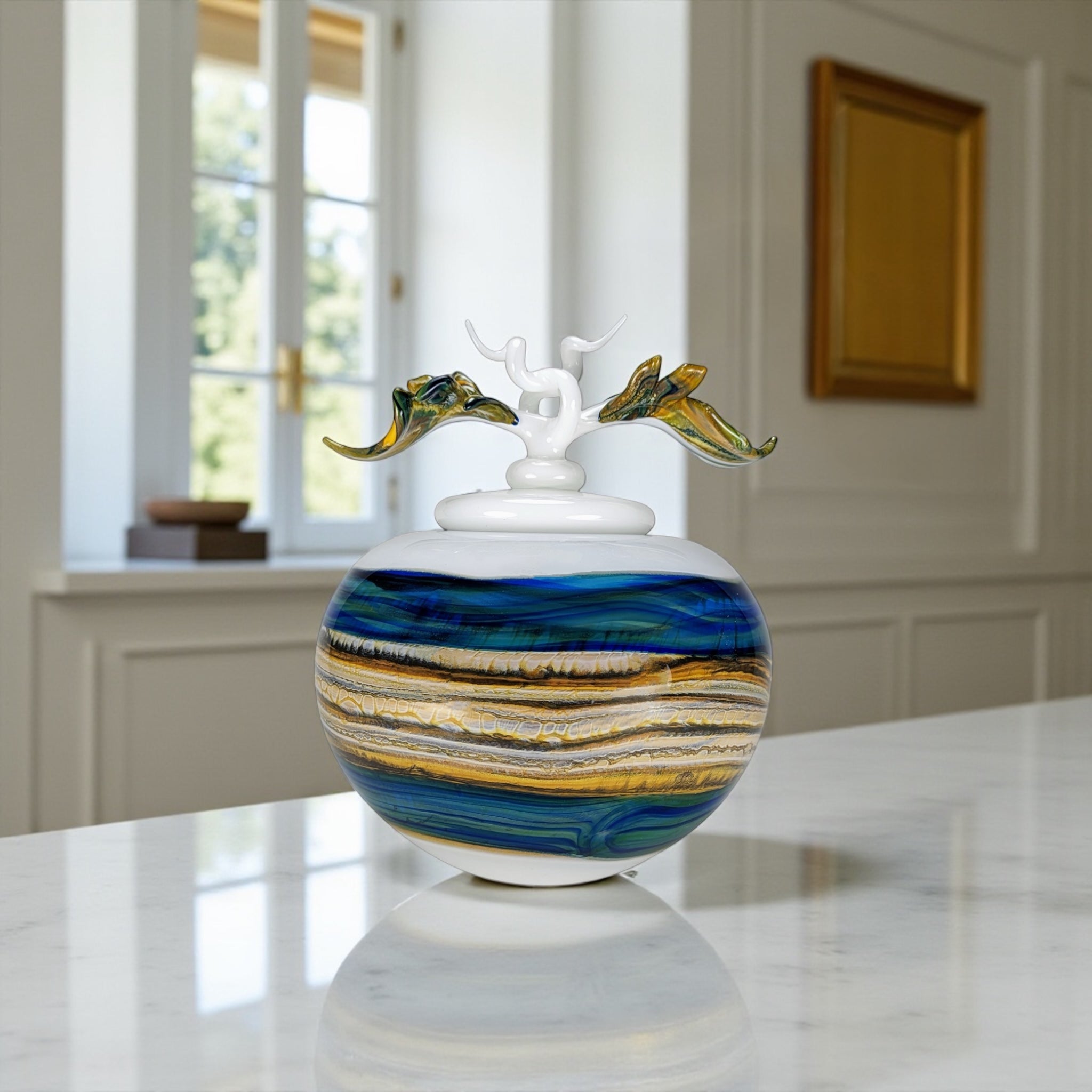 White Opal With Coastal Covered Sphere with Avian Finial