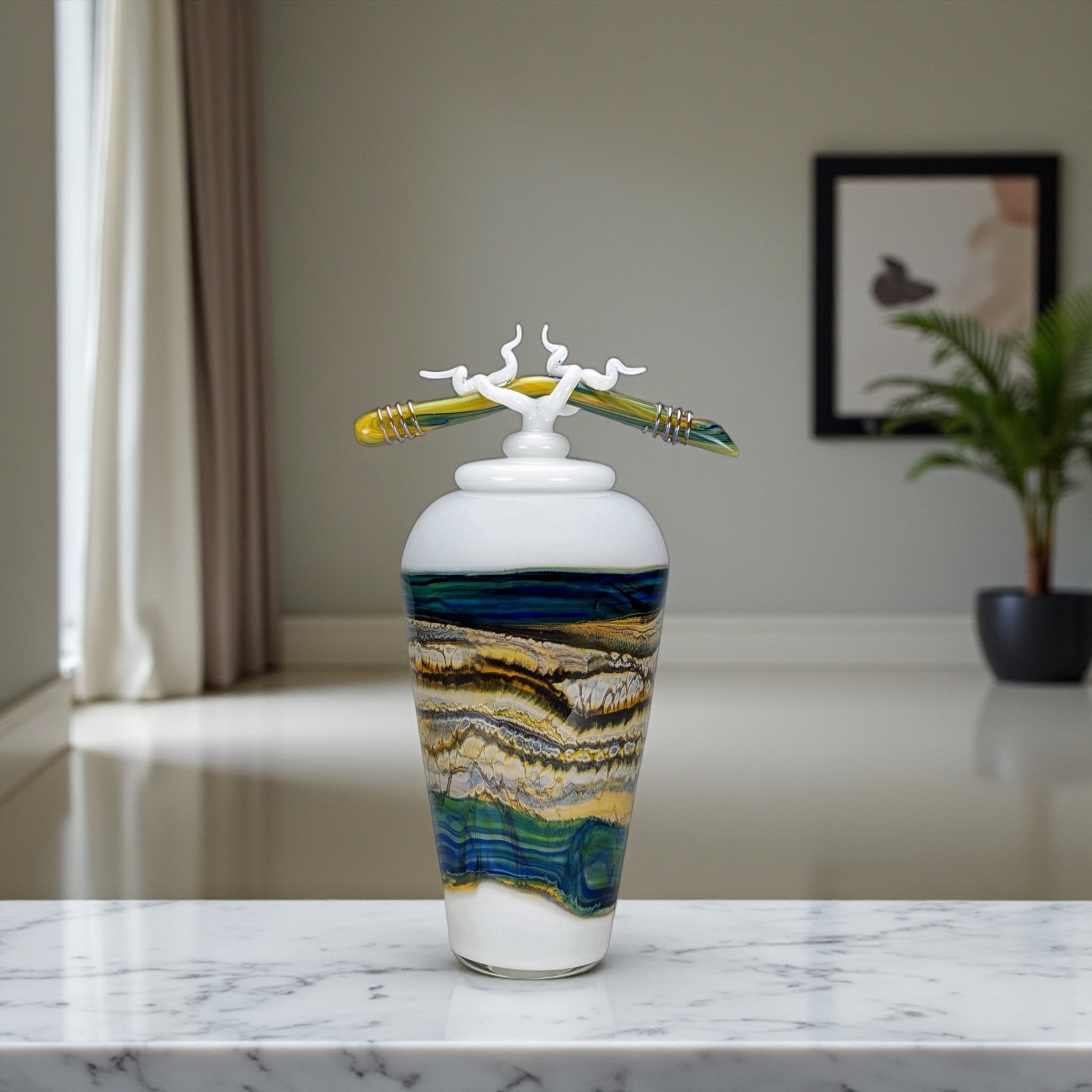 White Opal With Coastal Jar with Bone & Tendril Finial