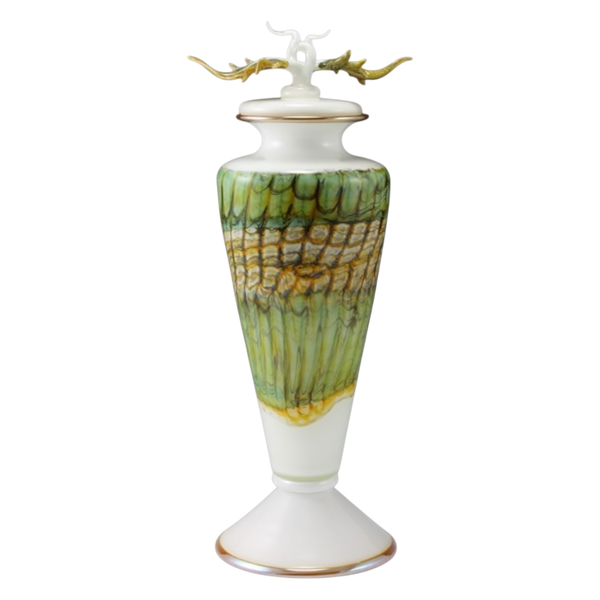 White Opal With Sage Footed Vessel with Avian Finial