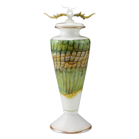 White Opal With Sage Footed Vessel with Avian Finial