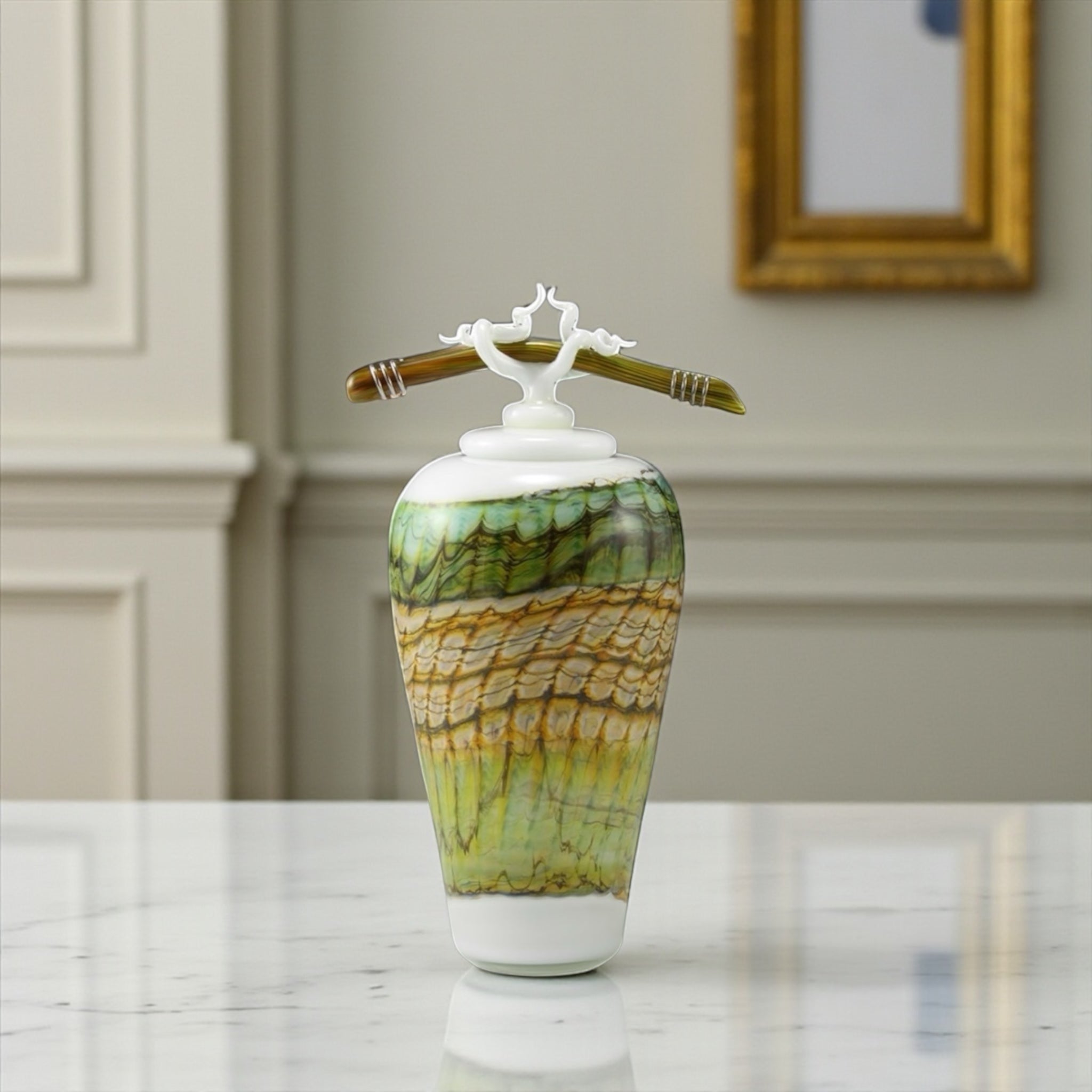 White Opal With Sage Jar with Bone & Tendril Finial