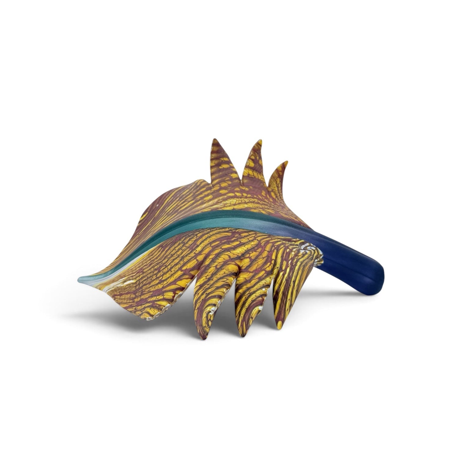 Arbor leaf glass sculpture in green with cobalt stem