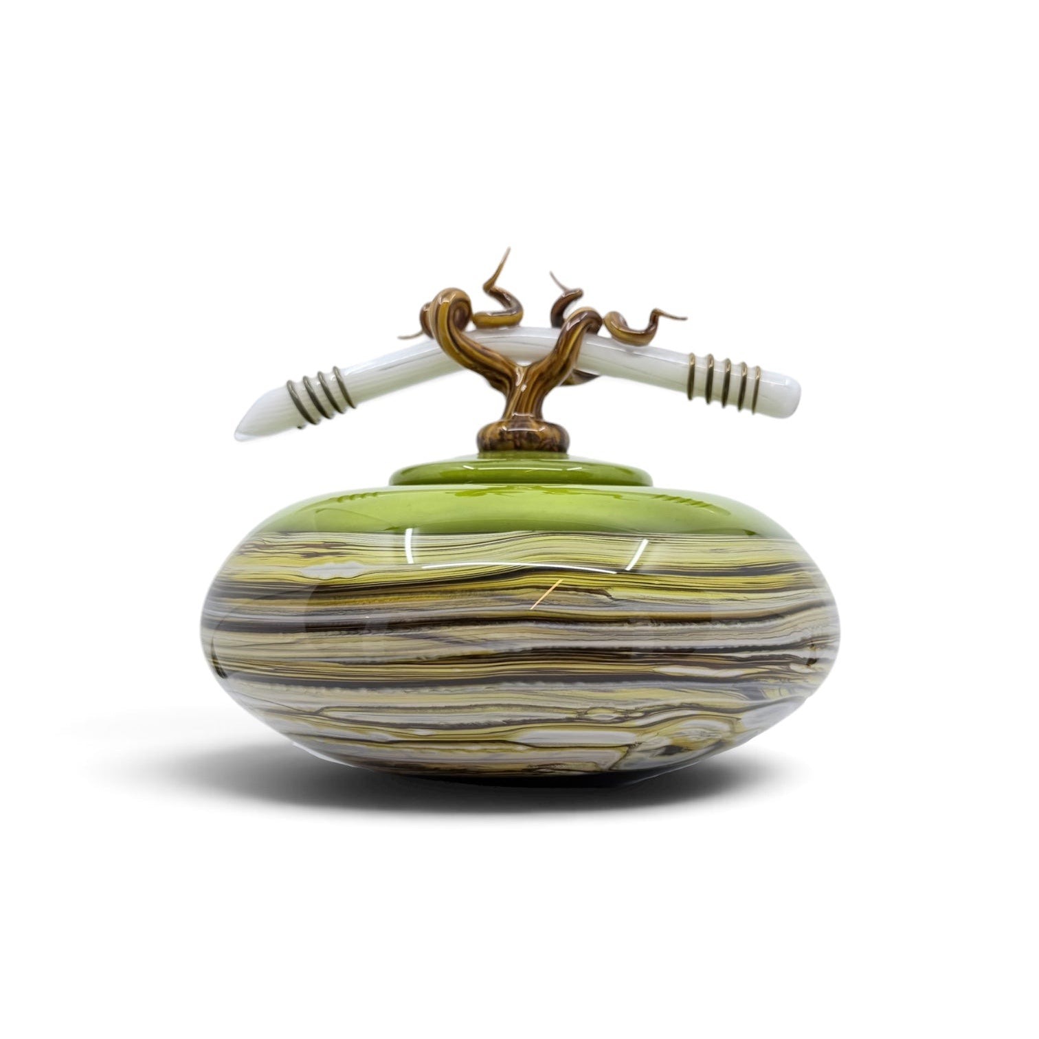 Lime Strata covered bowl with bone finial