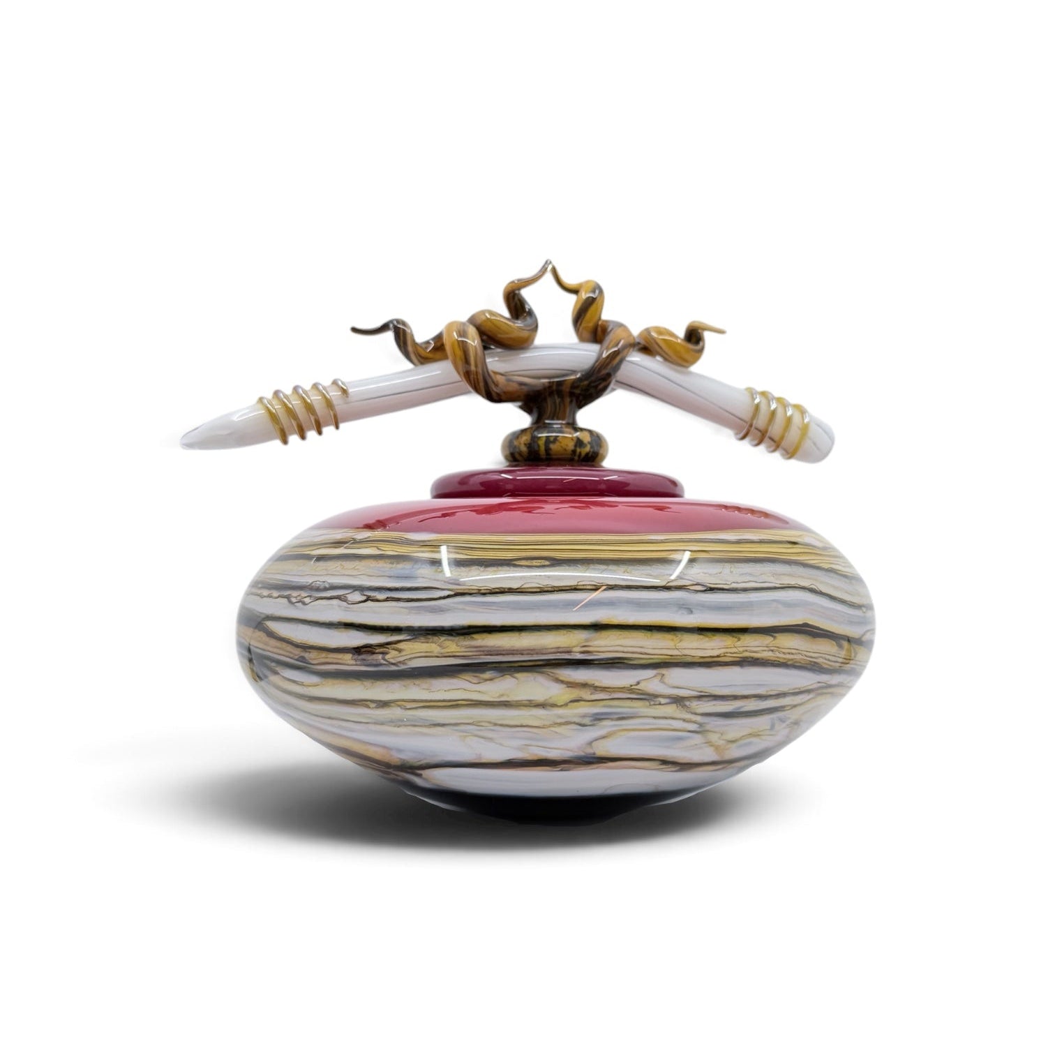 Ruby Strata covered bowl with bone finial