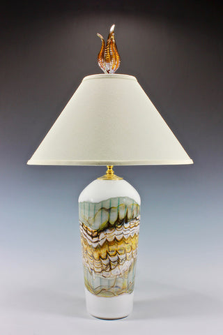 Decorative lamp with a textured base and white shade on a gradient background