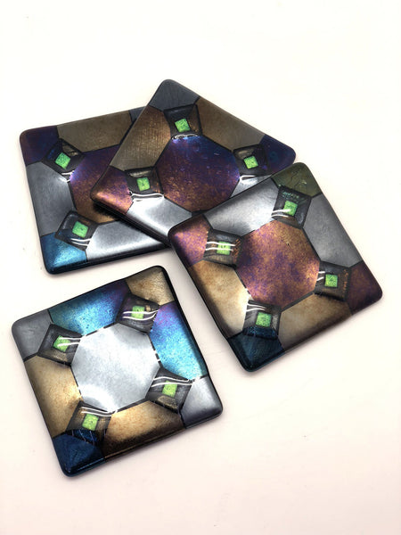 Harlequin Coasters with Green Diamonds