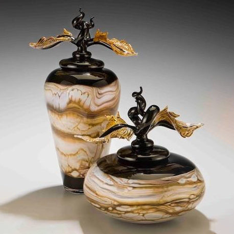 Black Strata Jar & Bowl with Avian Finials